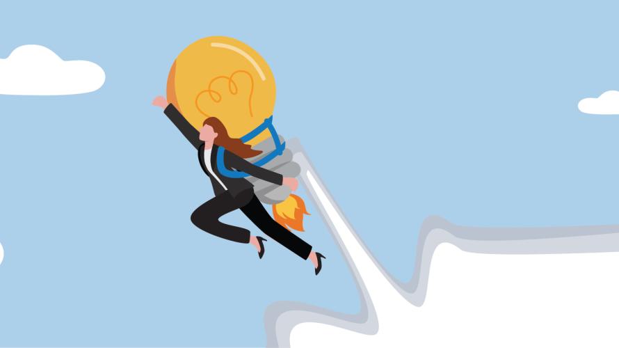 Ilustración de mujer en un cohete representando productividad